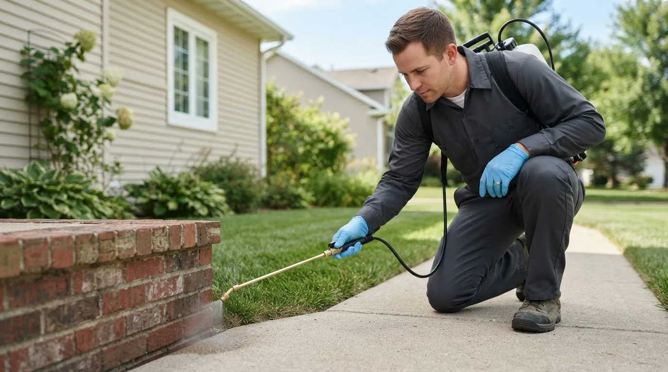 Pest control technician treating a home near New Washington, IN